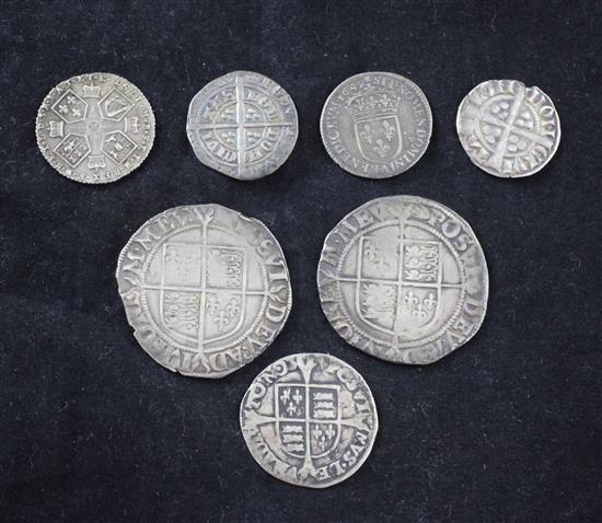Two Elizabeth I shillings, a Mary and Philip groat, a 1787 sixpence, Louis XIV 1/12 ecu and two medieval silver pennies